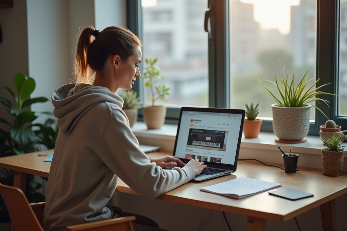 Jeune femme consulte une annonce Yamaha PW50 sur son ordinateur portable