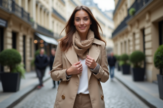 Femme élégante dans une rue parisienne en trench beige