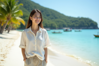 Jeune femme souriante sur la plage de Palawan