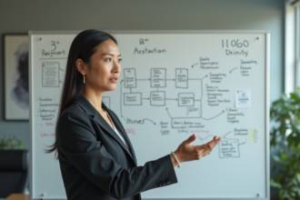 Femme en blazer devant tableau avec diagrammes et notes