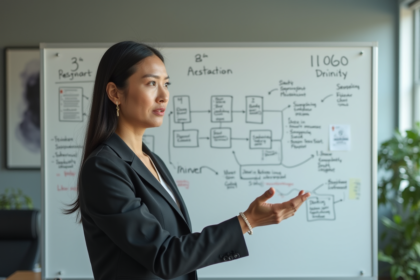 Femme en blazer devant tableau avec diagrammes et notes