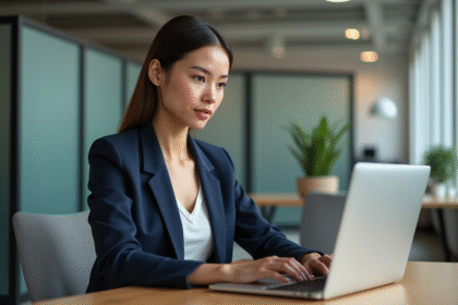 Jeune femme professionnelle travaillant sur un site web moderne