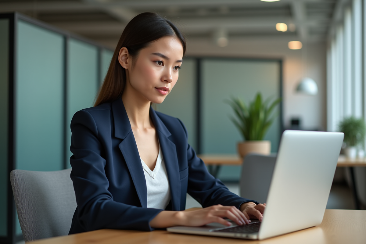 Jeune femme professionnelle travaillant sur un site web moderne