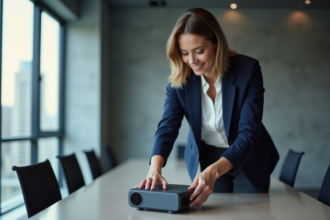 Femme professionnelle installant un projecteur en réunion