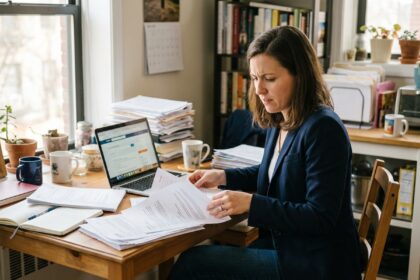 Femme en recherche d emploi dans une cuisine lumineuse