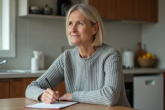 Femme réfléchissant dans une cuisine moderne pour l'article