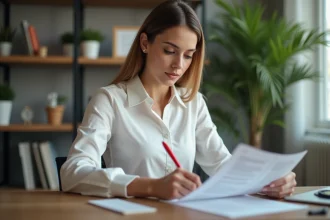 Femme en revue de CV dans un bureau moderne