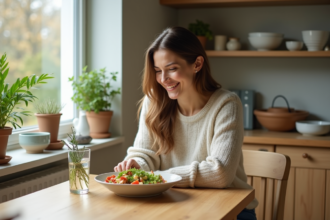 Femme souriante dégustant une salade dans une cuisine chaleureuse