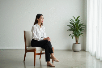 Jeune femme assise dans un salon lumineux et épuré
