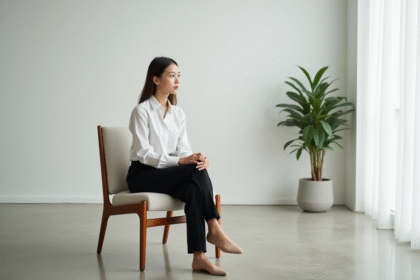 Jeune femme assise dans un salon lumineux et épuré