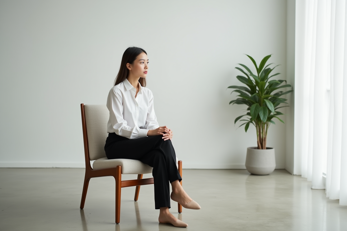 Jeune femme assise dans un salon lumineux et épuré