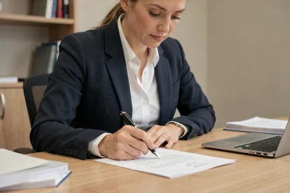 Femme professionnelle signant une lettre de résiliation de contrat de travail dans un bureau minimaliste