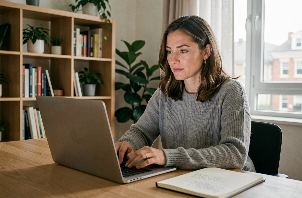 Femme cherchant une relation sérieuse sur un site de rencontre depuis son bureau à domicile