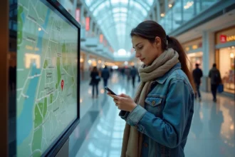 Femme en denim et écharpe utilisant son smartphone près d'une carte interactive