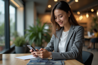 Jeune femme avec smartphone dans un espace moderne
