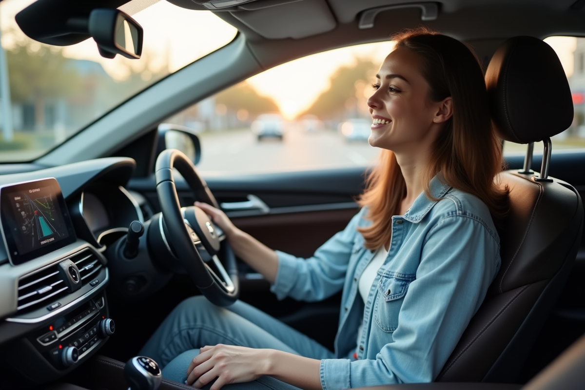 Jeune femme souriante dans la voiture devant le tableau de bord