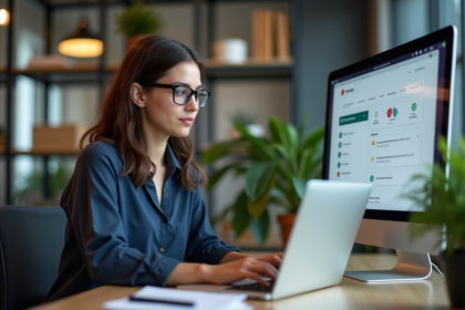 Jeune femme au bureau regardant un écran de traduction multilingue