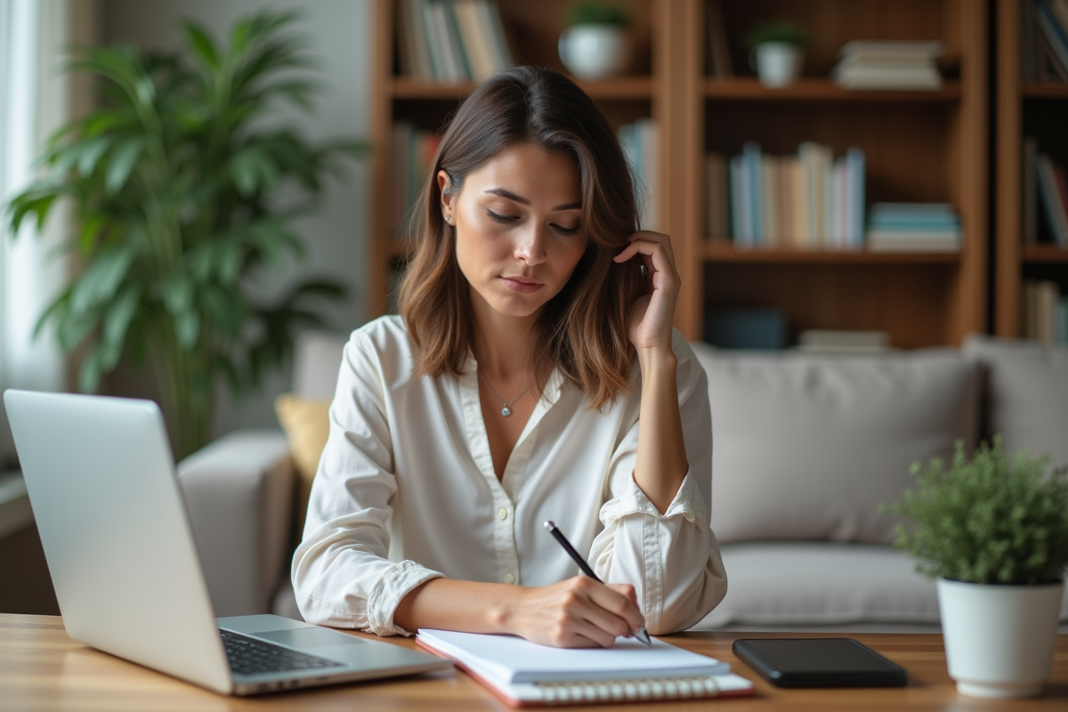 Femme concentrée travaillant à domicile sur un bureau moderne