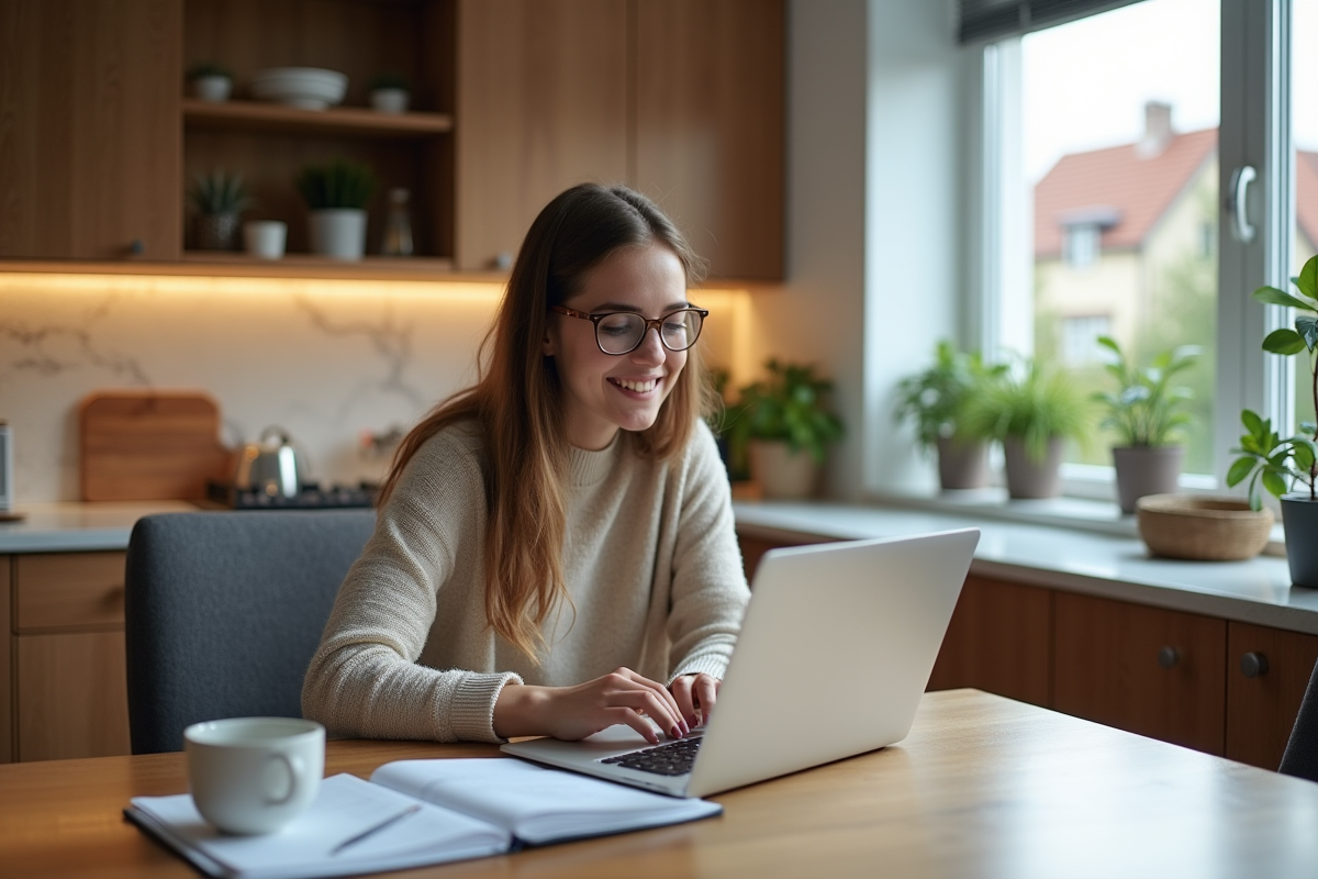 Jeune femme souriante travaillant sur son ordinateur à la maison