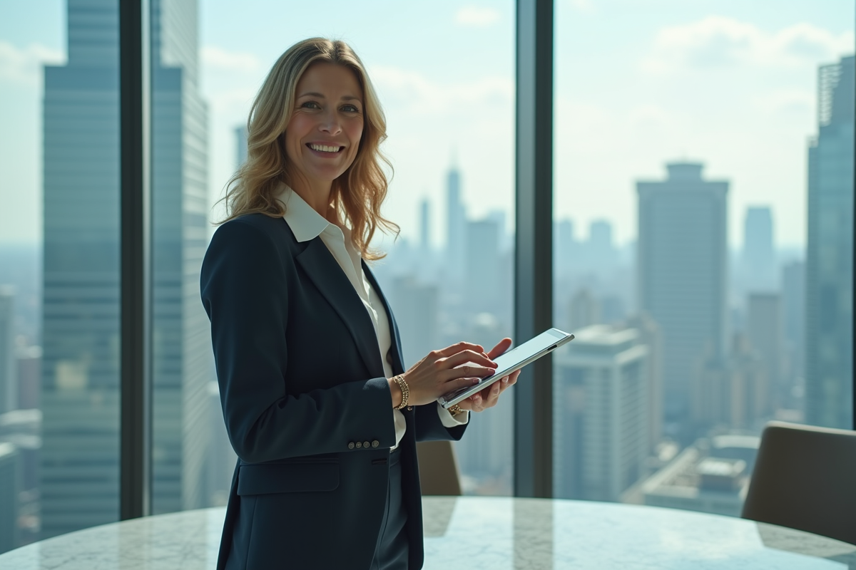 Femme confiante regardant la ville depuis une fenêtre