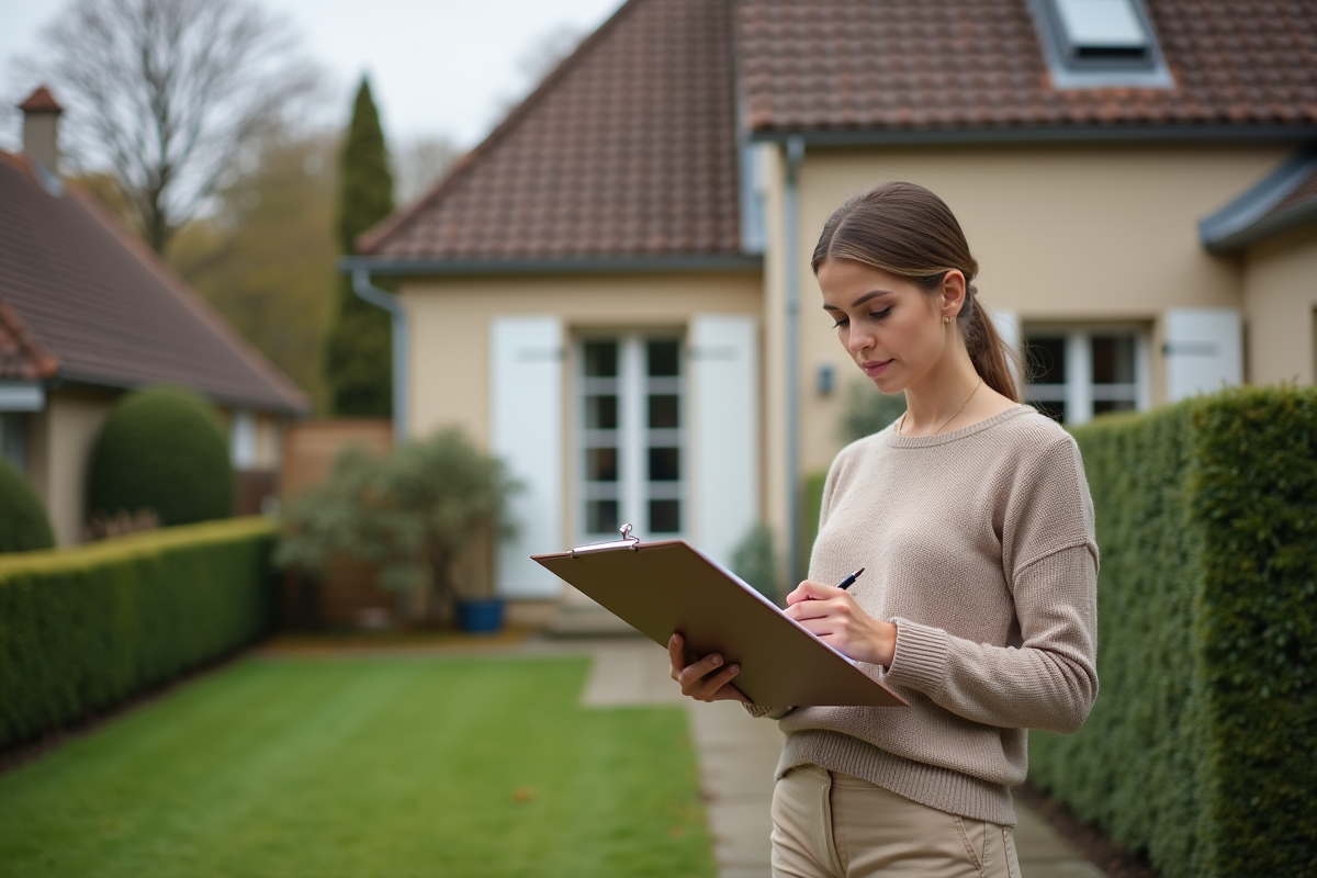 Femme calculant devant une maison de banlieue avec un clipboard