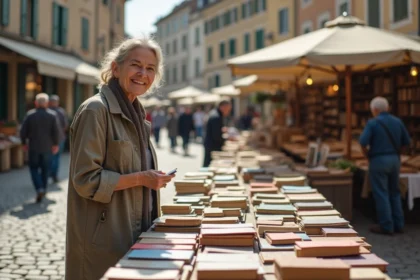 Femme souriante examine des livres anciens lors d'un vide grenier en France