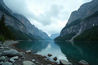 Fjord d'Alaska aux falaises abruptes avec des marques d'érosion dues à un ancien tsunami au-dessus de la ligne de végétation