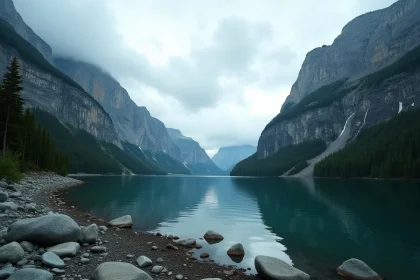 Fjord d'Alaska aux falaises abruptes avec des marques d'érosion dues à un ancien tsunami au-dessus de la ligne de végétation