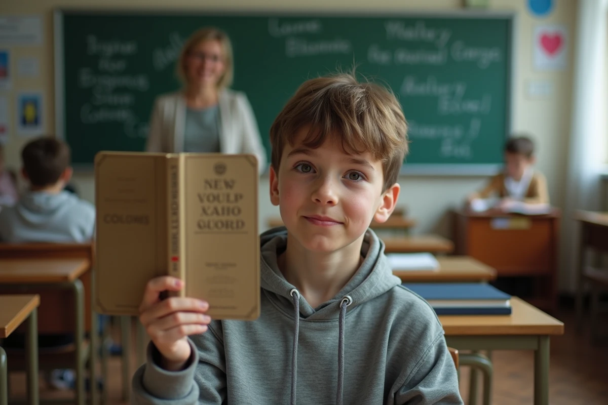 Adolescent français en classe avec dictionnaire bilingue