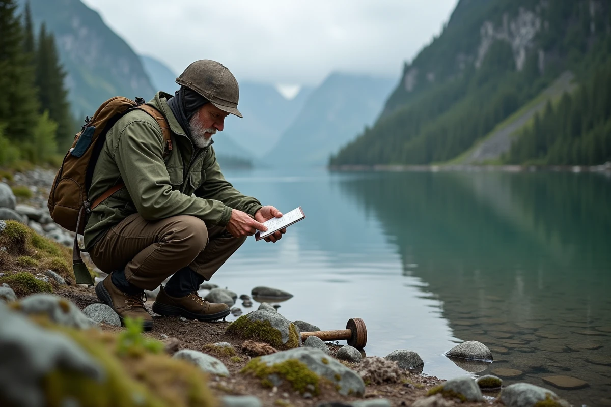 Géologue étudiant des carottes sédimentaires au bord d'un fjord alaskien pour analyser les risques de tsunami