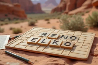Grille de mots fléchés en bois avec les lettres RENO sur fond de roche désertique du Nevada