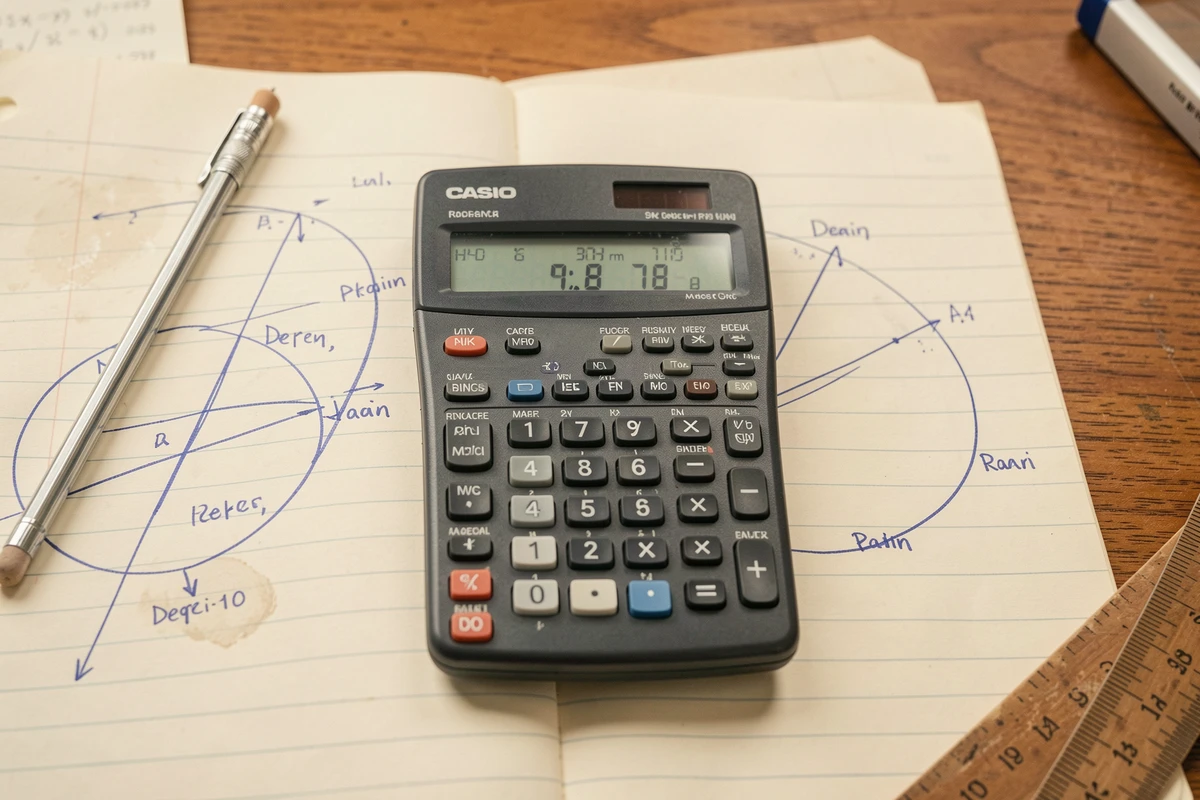 Gros plan d'une calculatrice scientifique affichant un résultat arcsin posée sur un cahier de mathématiques avec cercle trigonométrique annoté