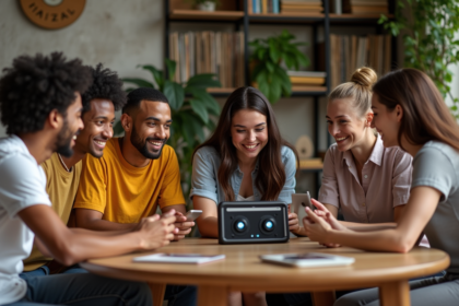 Groupe d'amis jeunes autour d'une radio électrolatino