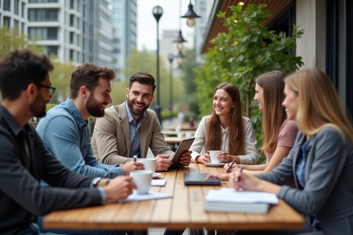 Groupe de jeunes professionnels autour d une table extérieure