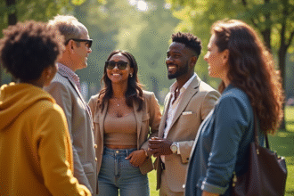 Groupe de personnes diverses dans un parc urbain en plein air