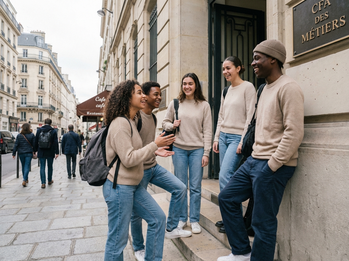 Groupe d etudiants souriants devant un bâtiment parisien