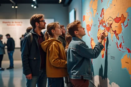 Groupe diversifié observant une carte mondiale de densité