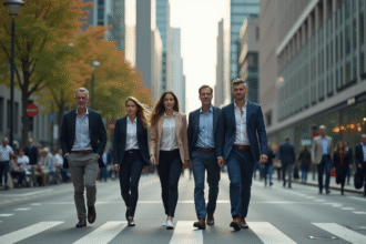 Groupe de professionnels marchant dans la ville