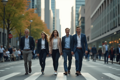 Groupe de professionnels marchant dans la ville
