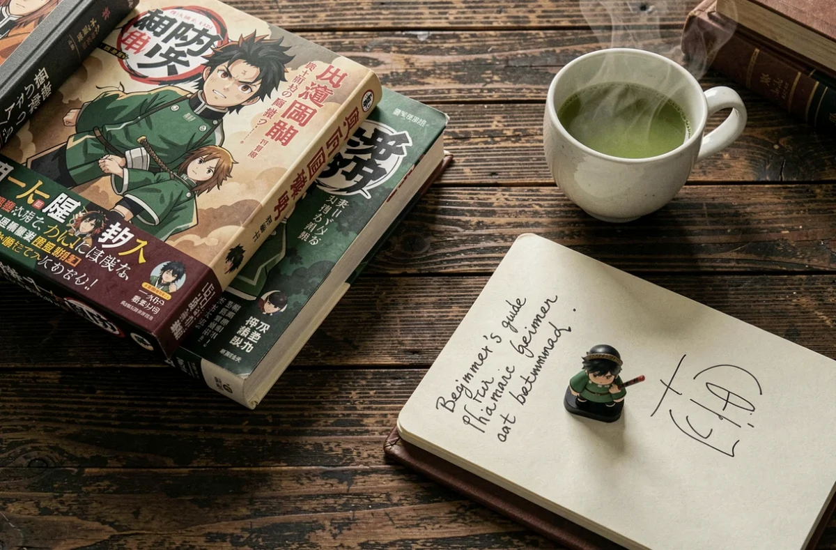 Manga Demon Slayer, figurine Rengoku et guide du débutant disposés en flat lay sur table en bois