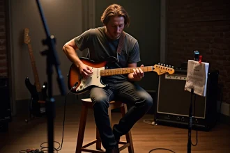 Guitariste électrique travaillant des riffs sur une Stratocaster avec une tablature posée sur un pupitre en salle de répétition