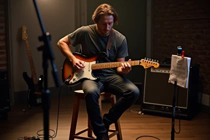 Guitariste électrique travaillant des riffs sur une Stratocaster avec une tablature posée sur un pupitre en salle de répétition