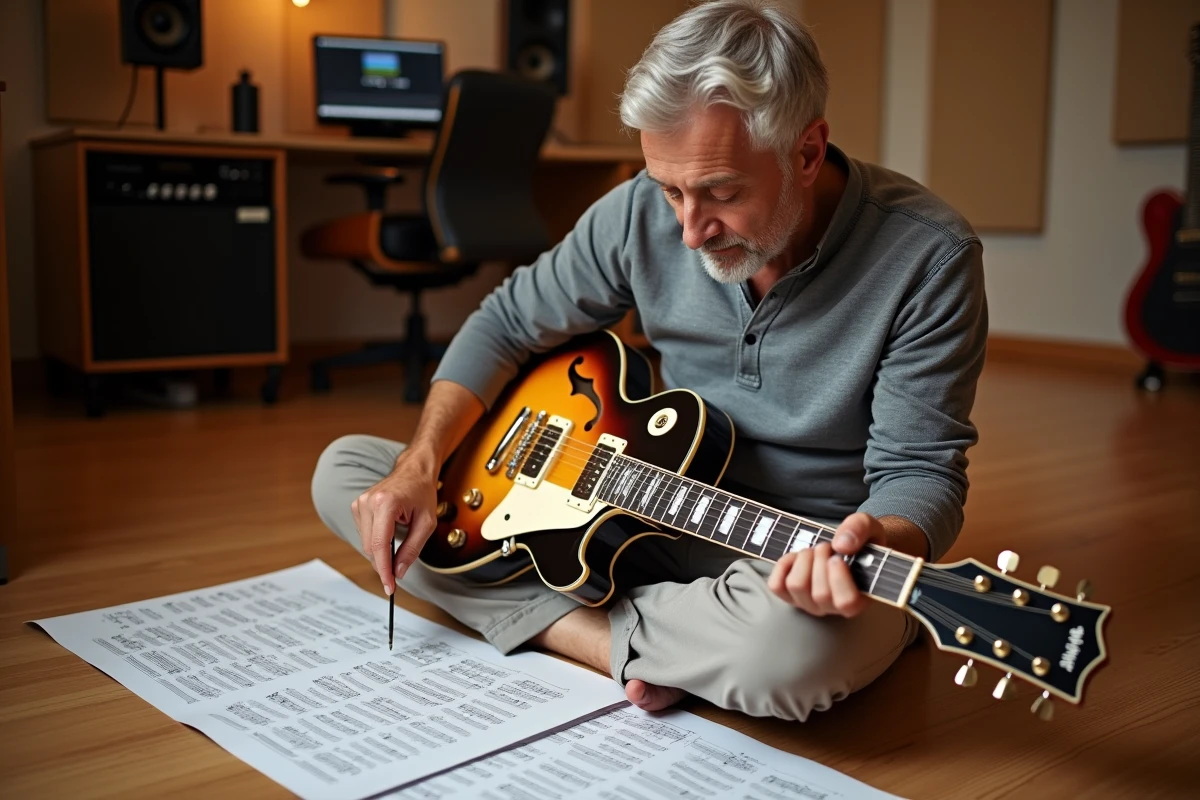 Guitariste adulte analysant des partitions de tablature pour guitare électrique posées sur le sol d'un home studio