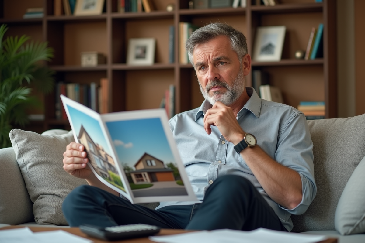 Homme étudiant un brochure immobilière à la maison