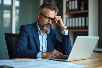 Homme d'affaires en costume bleu examine un ordinateur dans un bureau moderne