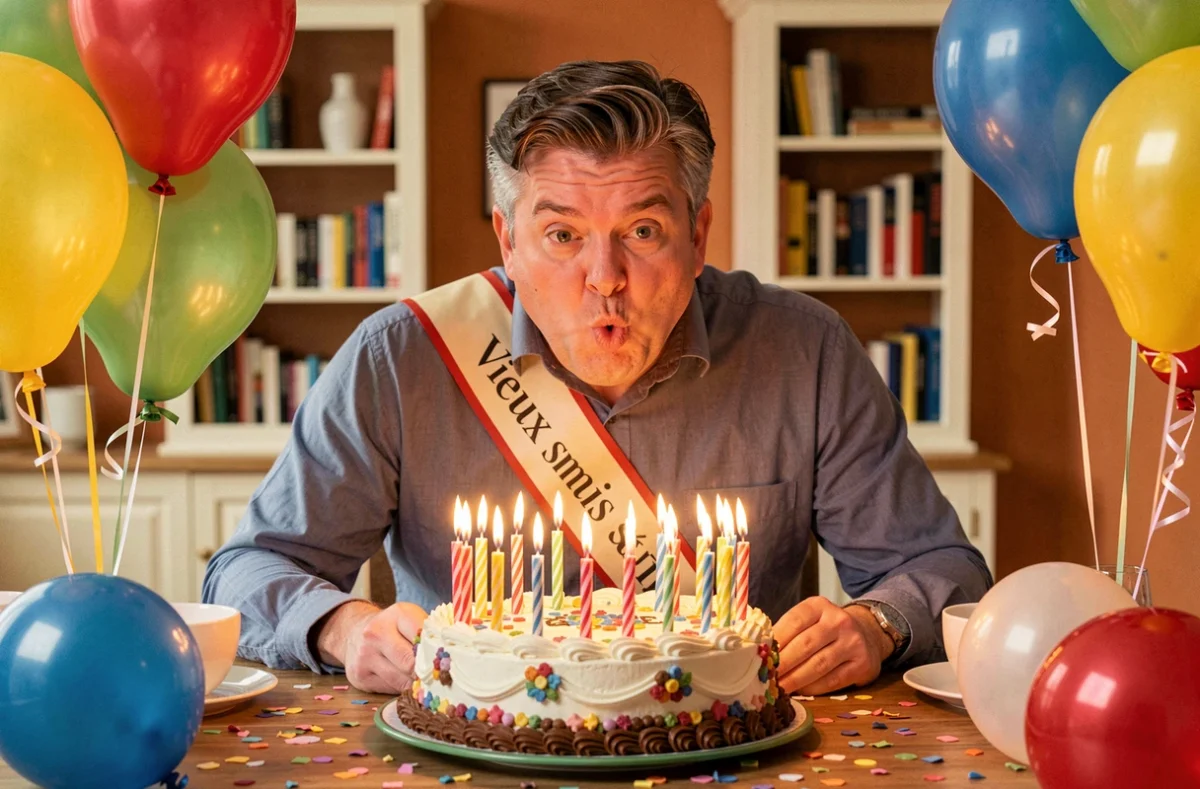 Homme d'anniversaire avec écharpe humoristique soufflant des bougies sur un gâteau avec une expression comique exagérée