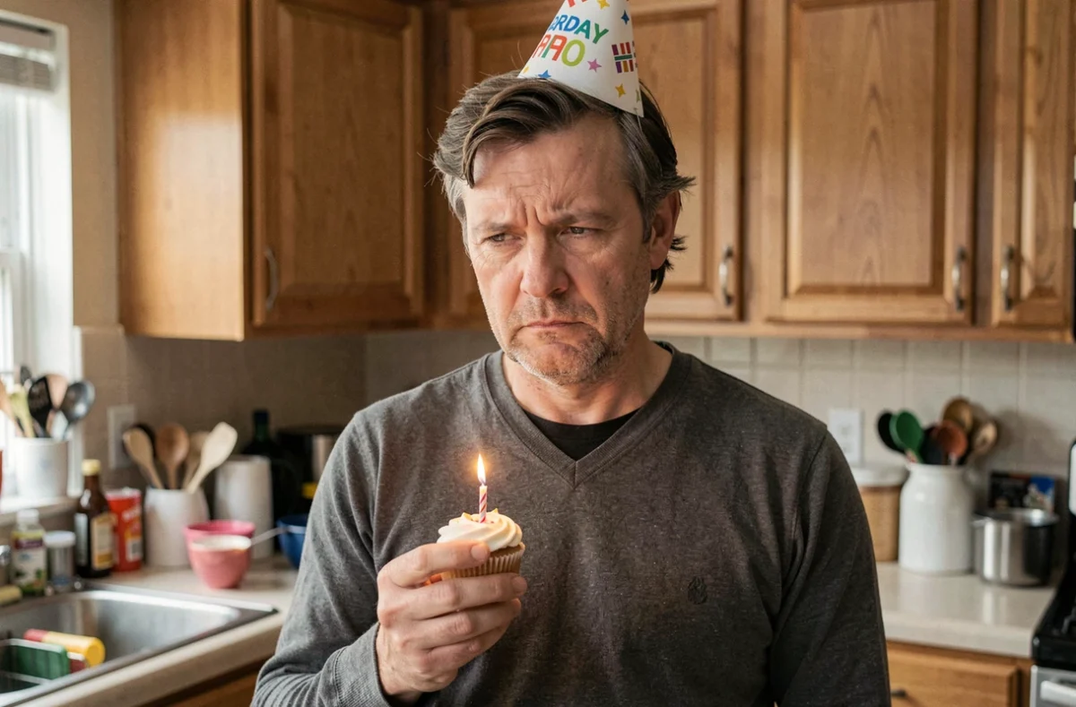 Homme d'anniversaire avec chapeau de fête et expression pince-sans-rire tenant un cupcake dans une cuisine