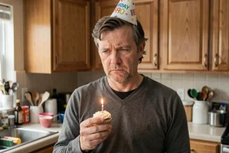 Homme d'anniversaire avec chapeau de fête et expression pince-sans-rire tenant un cupcake dans une cuisine