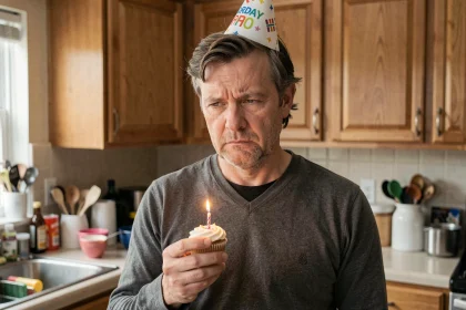 Homme d'anniversaire avec chapeau de fête et expression pince-sans-rire tenant un cupcake dans une cuisine