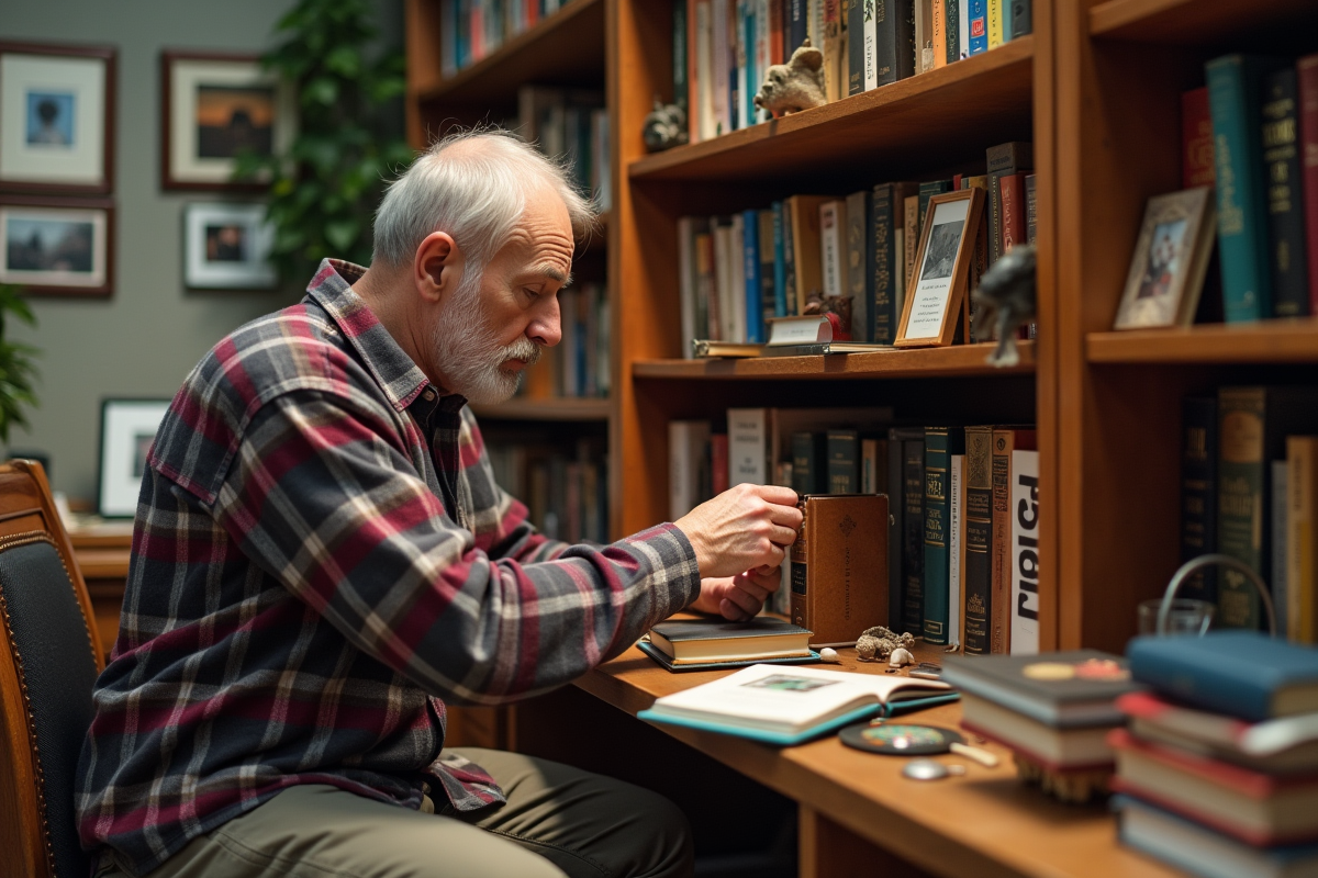 Homme arrangeant des livres miniatures dans un book nook fait main